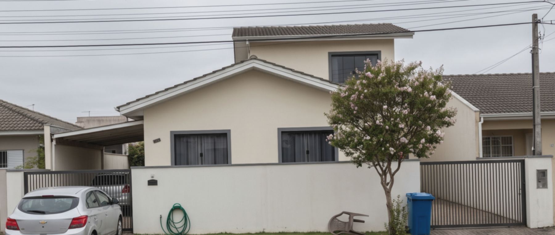 A mesma casa em dia nublado, com o carro na frente
