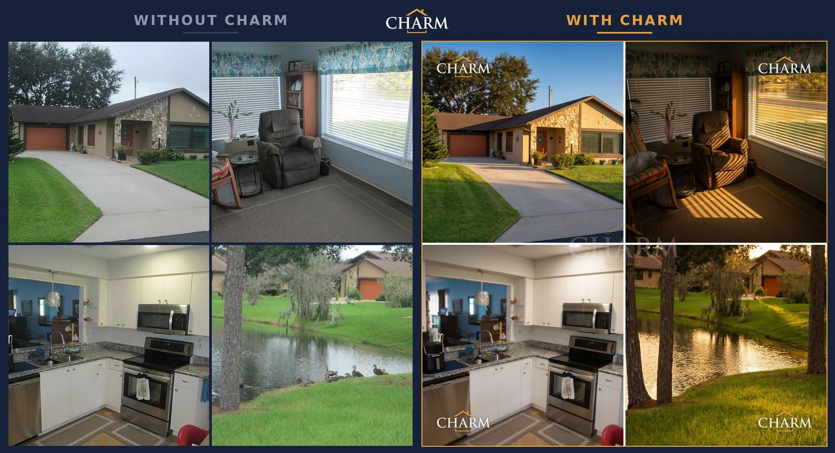 Quatro fotos de uma casa, antes e depois do tratamento
